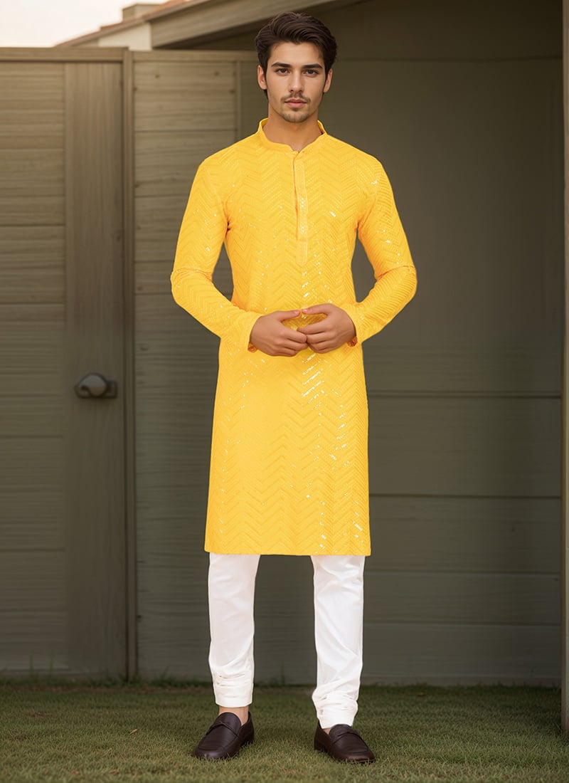 Kurta Pyjama For Men In Yellow Viscose Rayon With Sequins Work