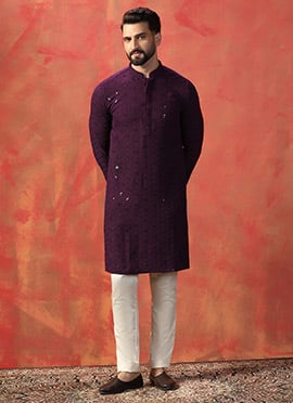 Kurta Pyjama for Men Purple Cotton With Embroidered Sequins