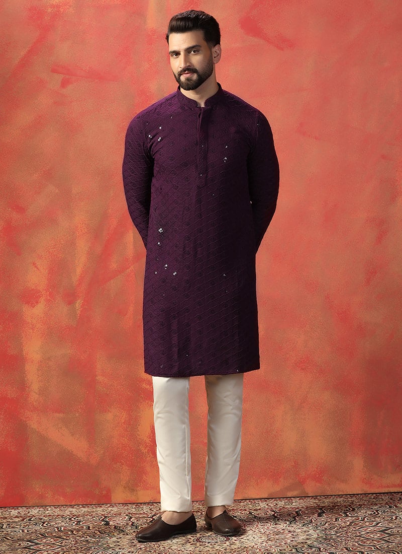 Kurta Pyjama for Men Purple Cotton With Embroidered Sequins