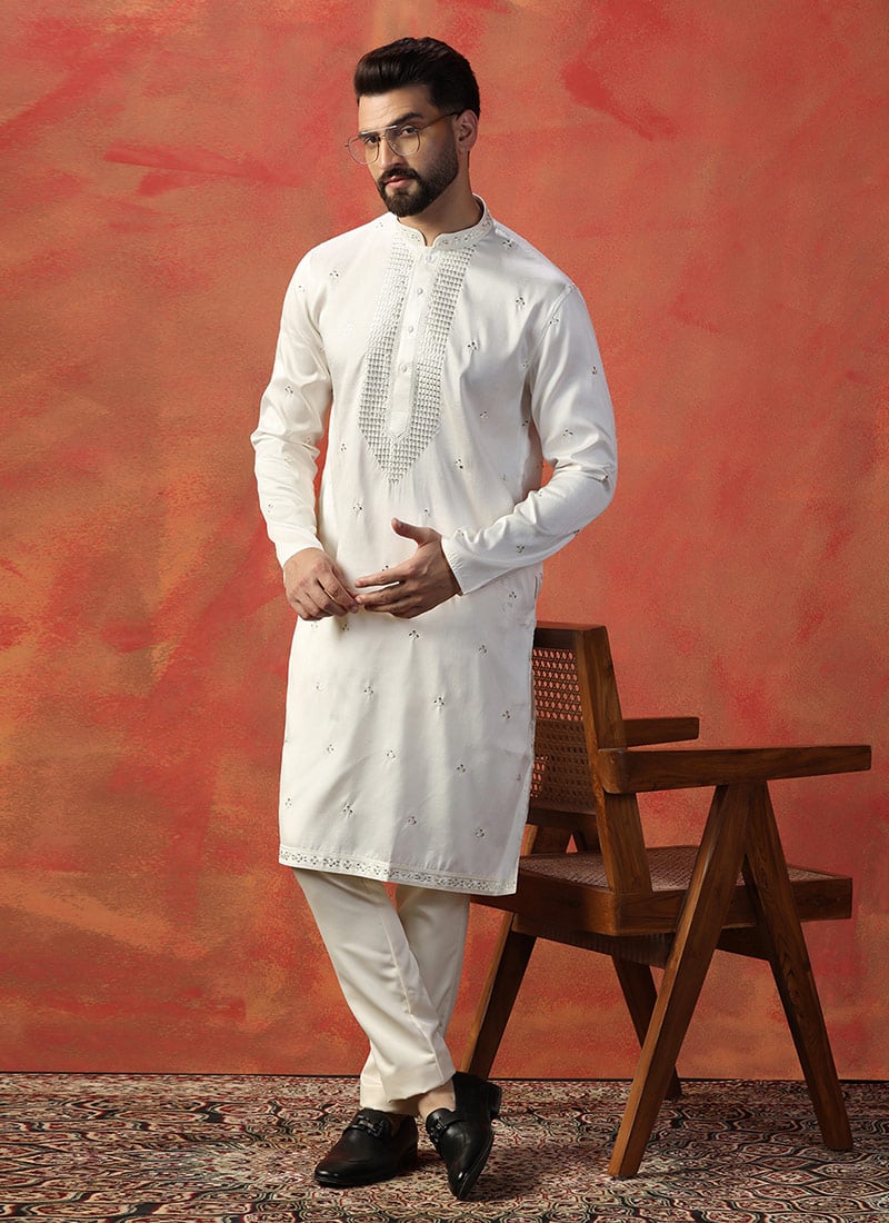Kurta Pyjama for Men White Cotton With Embroidered Sequins Festive Wear