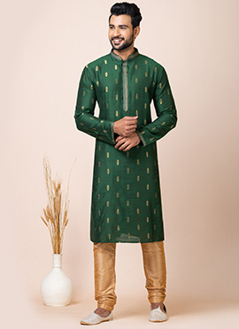 Kurta Pyjama In Green Cotton Jacquard Print With Churidar Pants