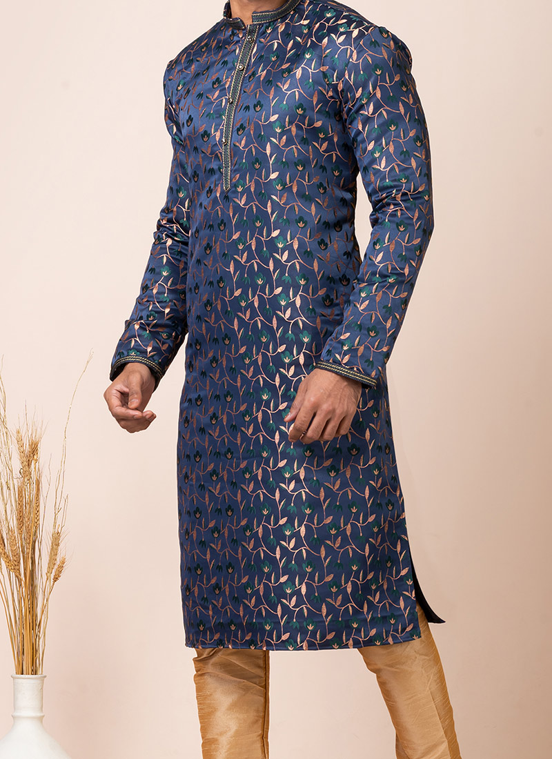 Navy Blue Kurta Dhupion Silk Chudidaar