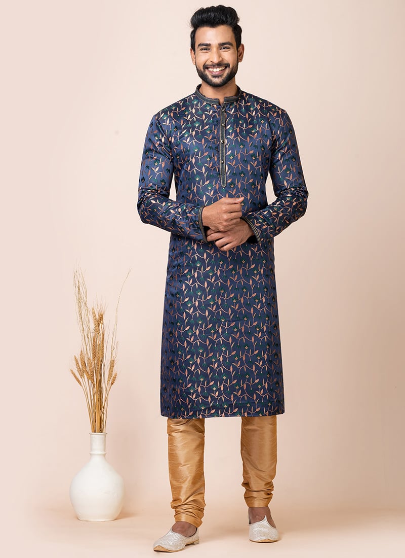 Kurta Pyjama In Navy Blue Silk Jacquard Print With Churidar Pants Party Wear