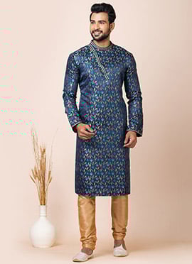Kurta Pyjama In Navy Blue Silk Jacquard Print With Churidar Pants