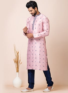 Kurta Pyjama In Pink Silk Jacquard Print With Churidar Pants