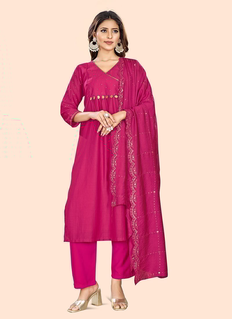 Kurta Straight Pant Suit In Fuchsia Silk Sequins Dupatta For Dressy Women  After Six Wear