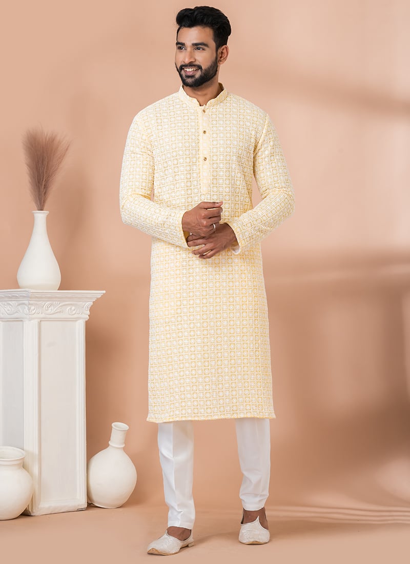 Lakhnawi Print Yellow Kurta Pyjama Party Wear