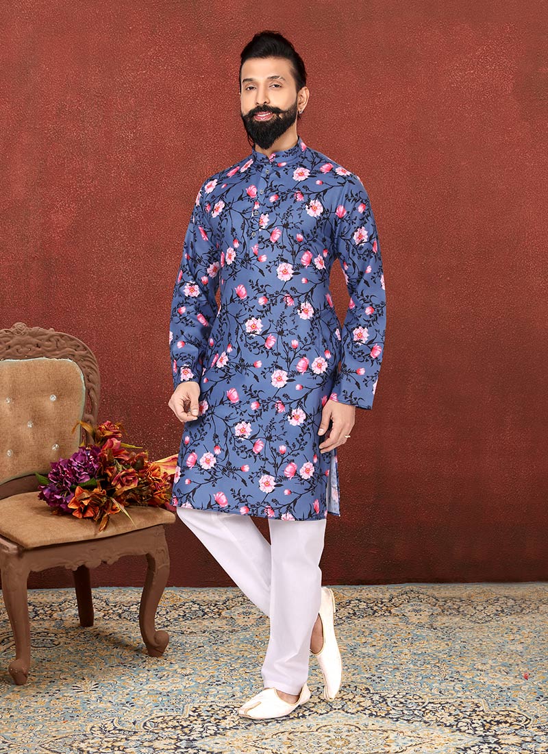 Lapis Blue Cotton Digital Printed Kurta Pyjama