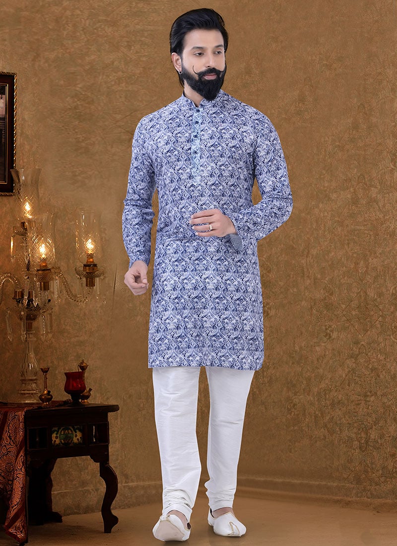 Lapis Blue Soft Cotton Printed Kurta Pyjama Party Wear