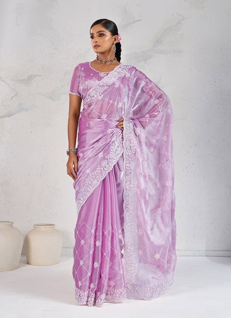 Lavender Soft Burberry Silk Embroidered Sequins Saree Festive Wear