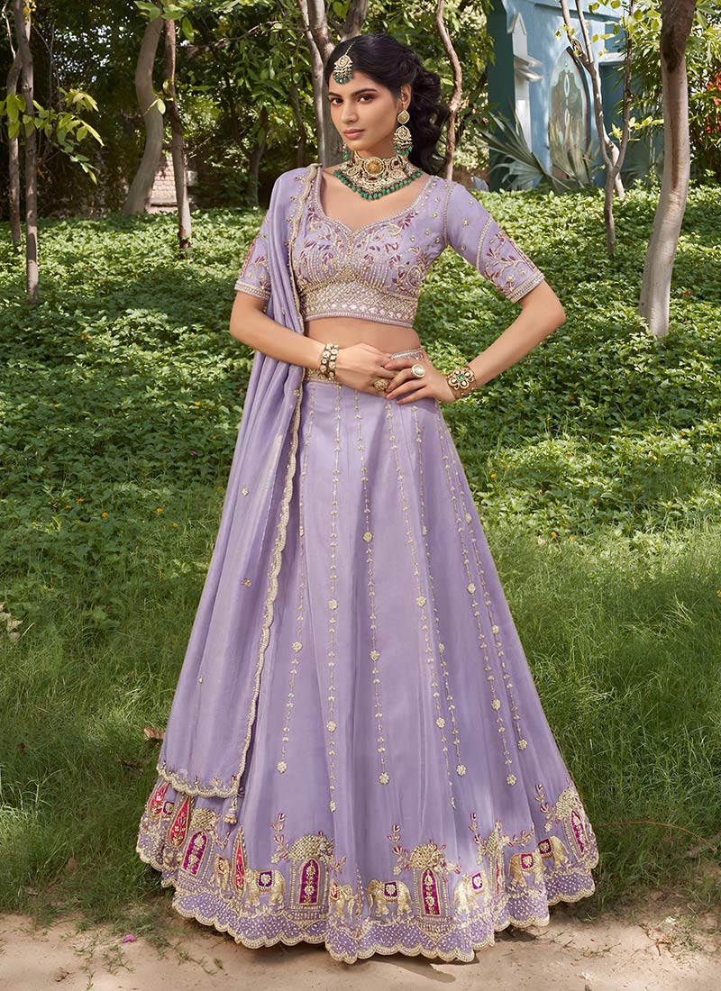Lavender  Tissue Zari Embroidered Sequins Stones Beads Work Lehenga Wedding Wear