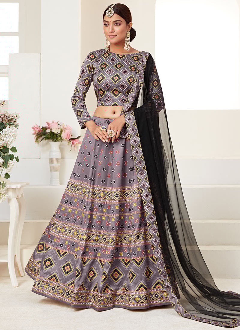 Lavender Ajmer Silk Printed Umbrella Lehenga Party Wear