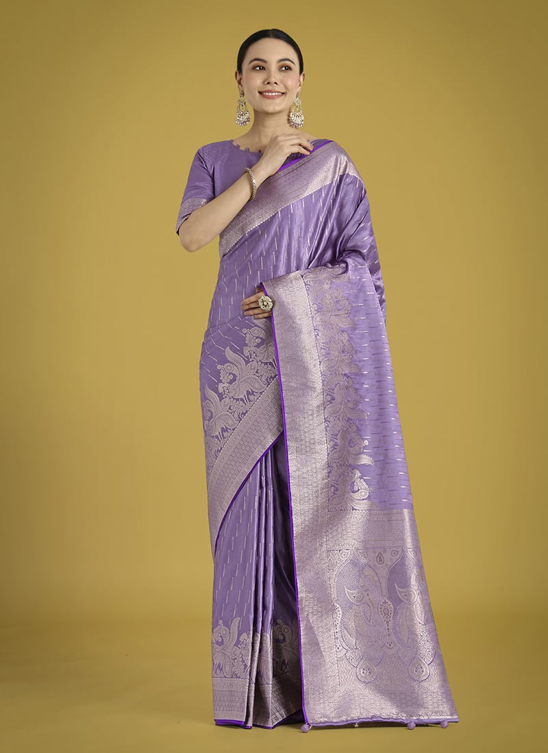 Lavender Banarasi Silk Zari Woven Saree Festive Wear