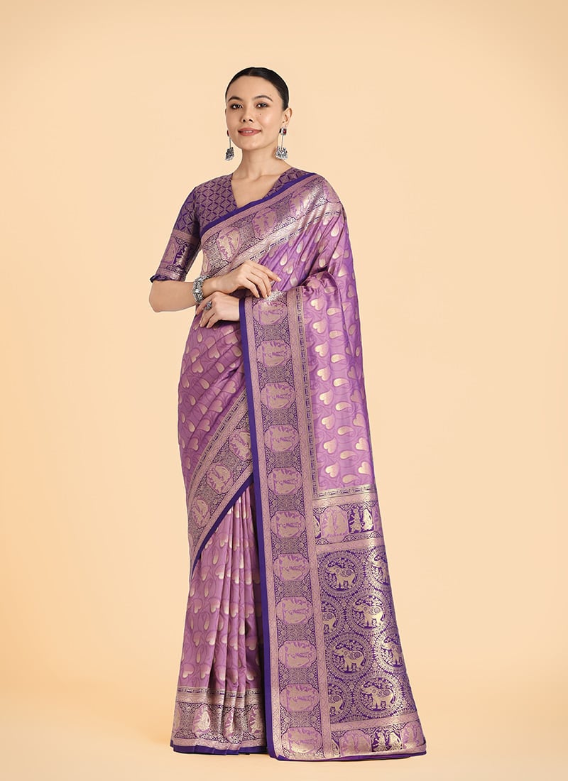 Lavender Banarasi Silk Zari Woven Saree Festive Wear