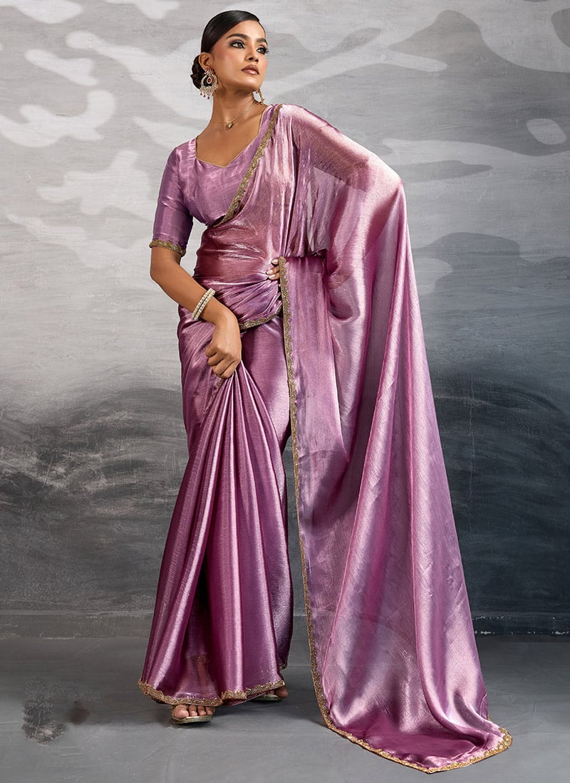 Lavender Burberry Chiffon Plain Saree With Beads Cutdana Applique Lace Work
