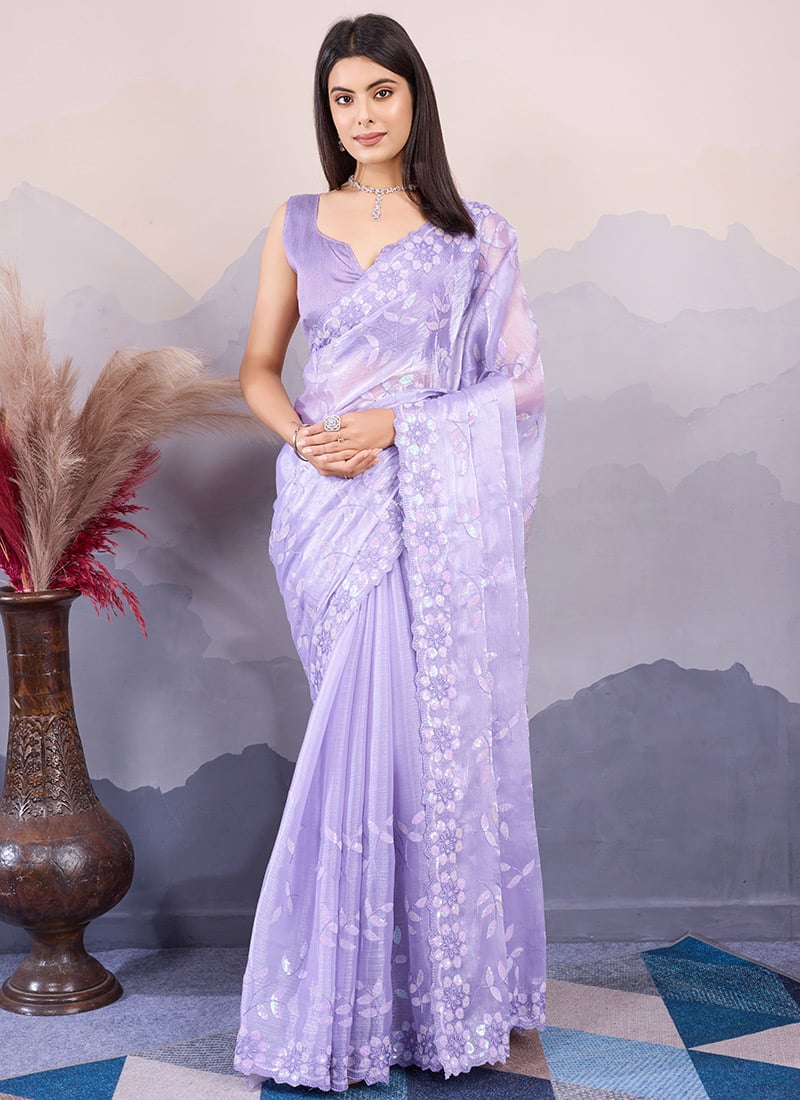 Lavender Burberry Silk Sequins Embroidered Saree Festive Wear
