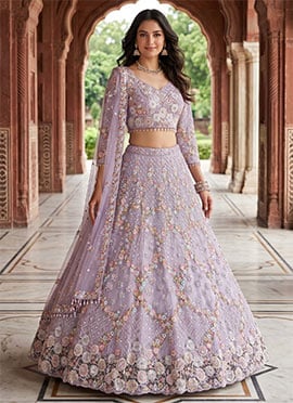 Lavender Butterfly Net Embroidery Sequins Lehenga