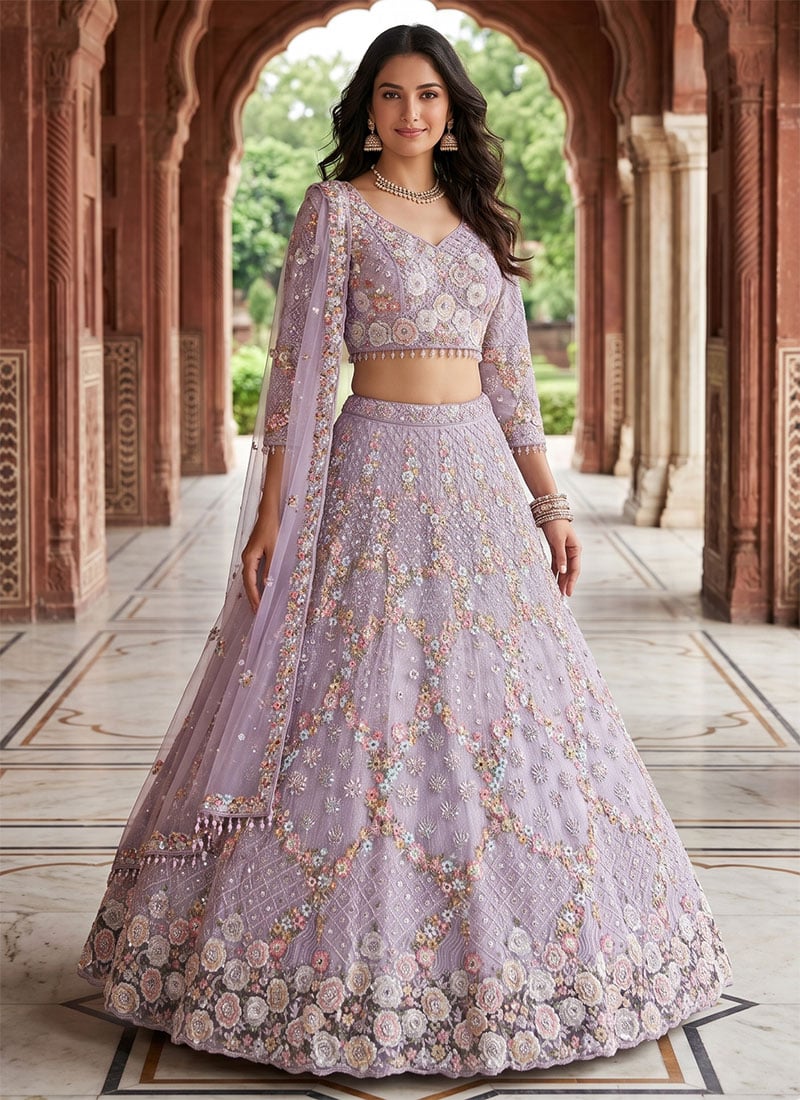 Lavender Butterfly Net Embroidery Sequins Lehenga Wedding Wear
