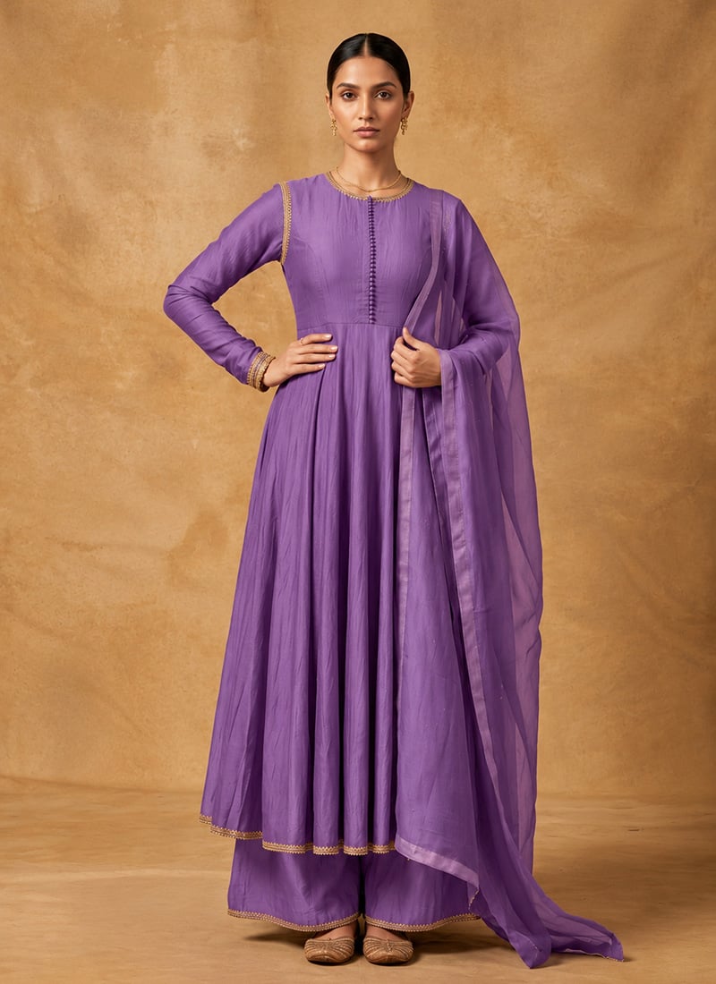 Lavender Chanderi Sequins Cutdana Embroidered Palazzo Suit Festive Wear
