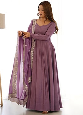 Lavender Chanderi Silk Embroidered Anarkali Suit