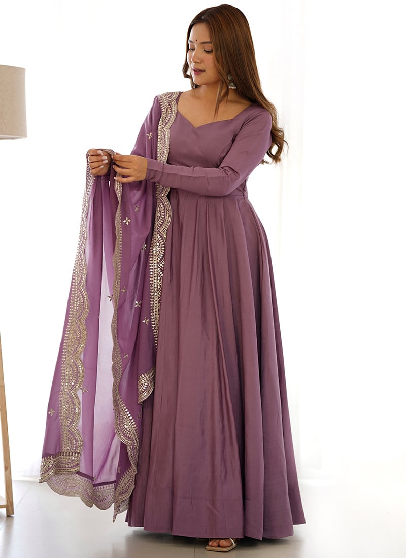 Lavender Chanderi Silk Embroidered Anarkali Suit Festive Wear