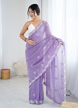 Lavender Chiffon Crush Beads And Sequins Embellished Saree