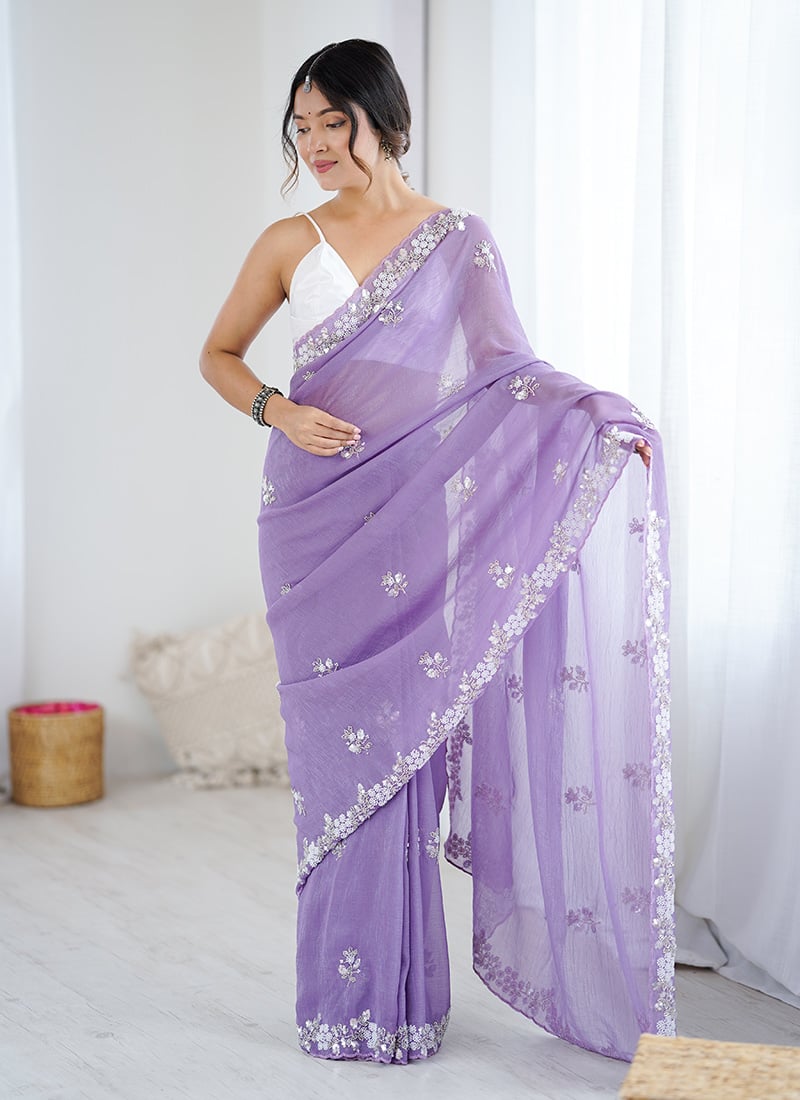 Lavender Chiffon Crush Beads And Sequins Embellished Saree After Six Wear
