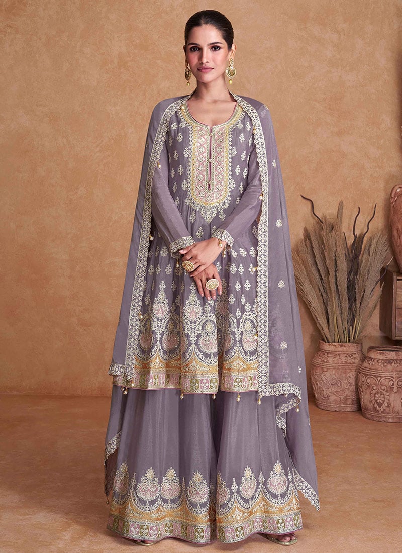 Lavender Chinon Embroidered Palazzo Suit Party Wear