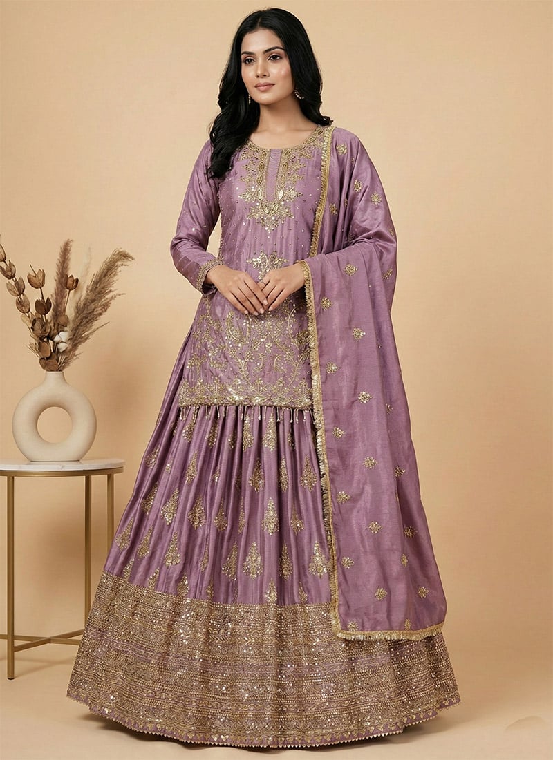 Lavender Chinon Embroidered Sequins A Line Lehenga Festive Wear