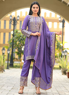 Lavender Chinon Embroidered Sequins Straight Pant Suit