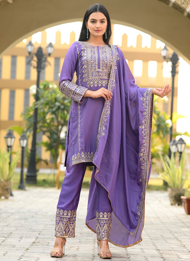 Lavender Chinon Embroidered Sequins Straight Pant Suit