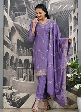 Lavender Chinon Embroidered Sequins Straight Pant Suit