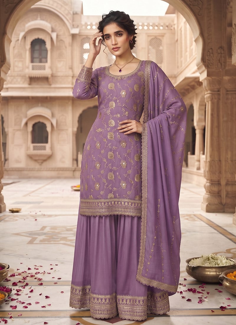 Lavender Chinon Jacquard Embroidered Palazzo Suit Festive Wear