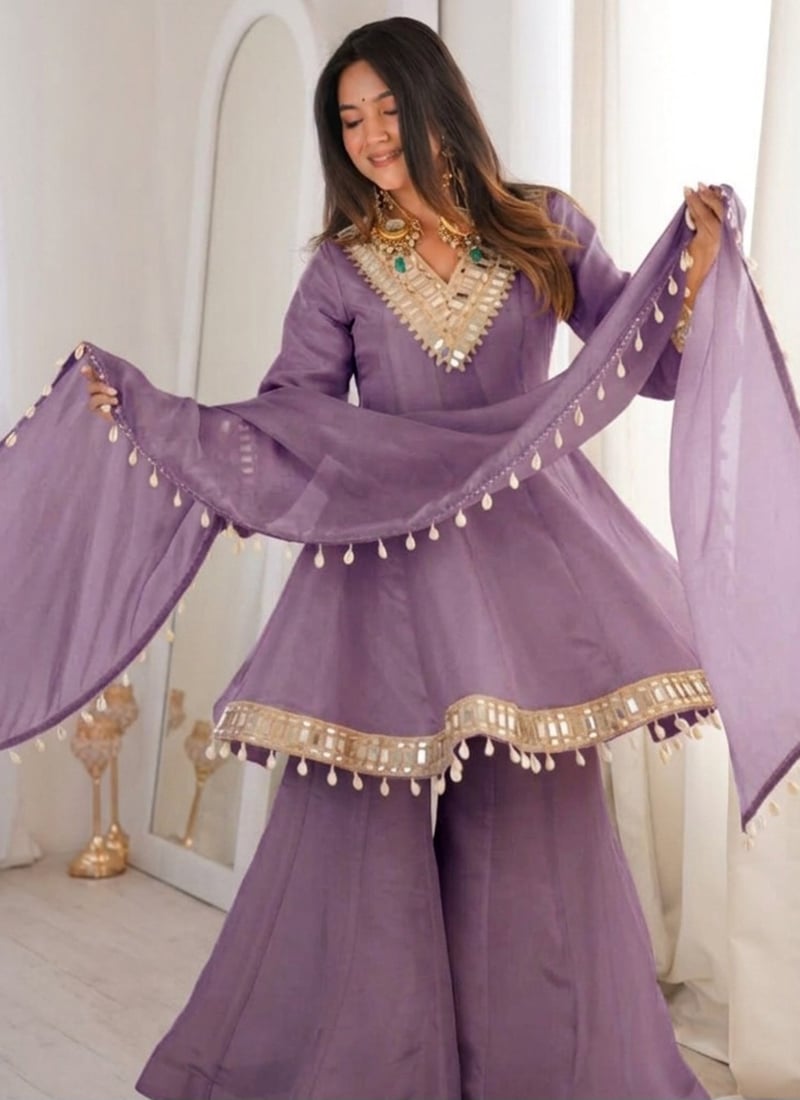 Lavender Chinon Mirror Work Palazzo Suit Festive Wear
