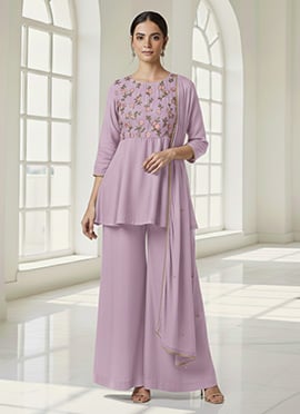 Lavender Chinon Peplum Palazzo Suit With Embroidery