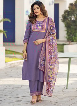 Lavender Chinon Printed Straight Pant Suit