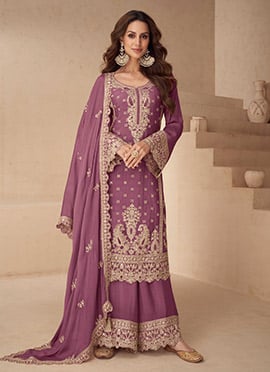 Lavender Chinon Sequins Embroidered Stones Zari Pakistani Palazzo Suit