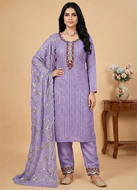 Lavender Chinon Silk Embroidered Sequin Straight Pant Suit