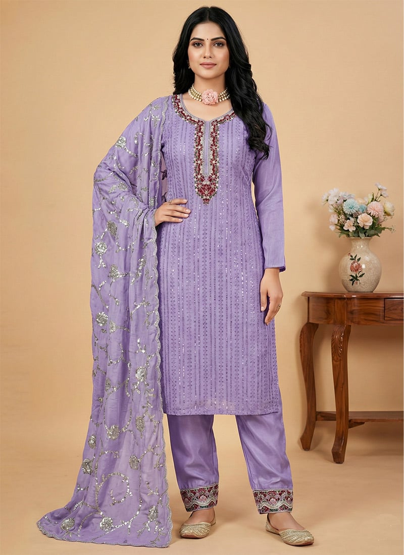 Lavender Chinon Silk Embroidered Sequin Straight Pant Suit Festive Wear