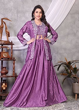Lavender Chinon Silk Embroidered Sequins Jacket Lehenga