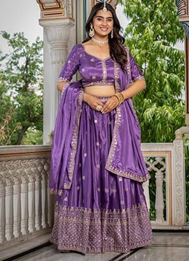 Lavender Chinon Silk Embroidered Sequins Lehenga
