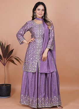 Lavender Chinon Silk Embroidered Sequins Palazzo Suit