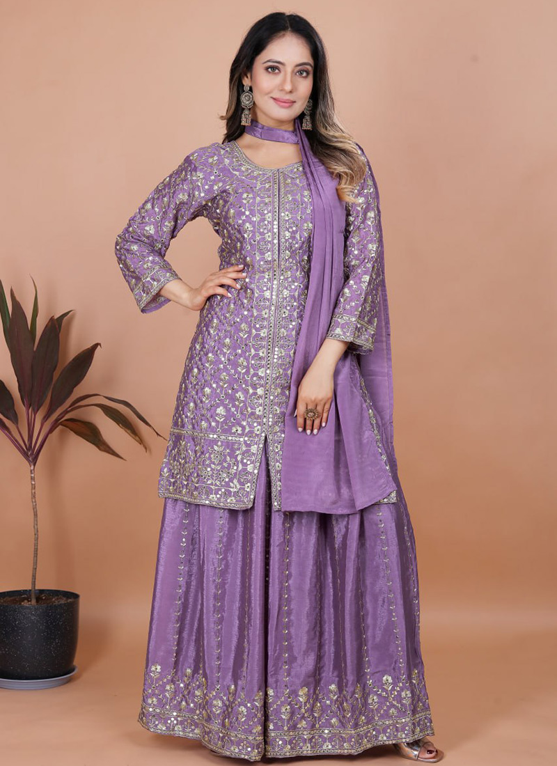 Lavender Chinon Silk Embroidered Sequins Palazzo Suit Festive Wear