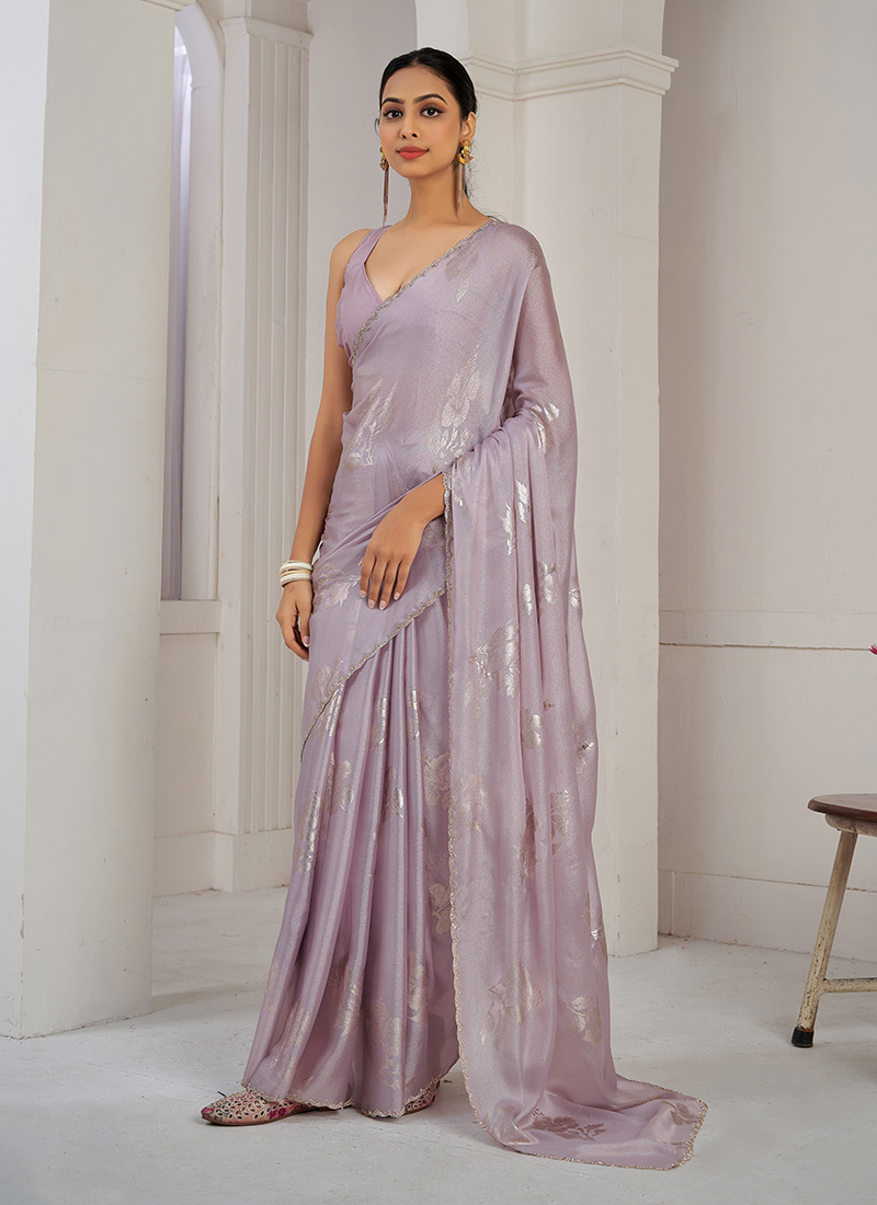 Lavender Chinon Silk Foil Print Stone Work Stunning Saree