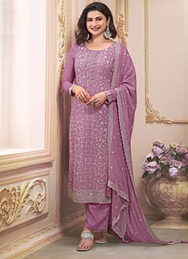 Lavender Chinon Silk Stone Embroidered Sequins Straight Pant Suit By Prachi Desai