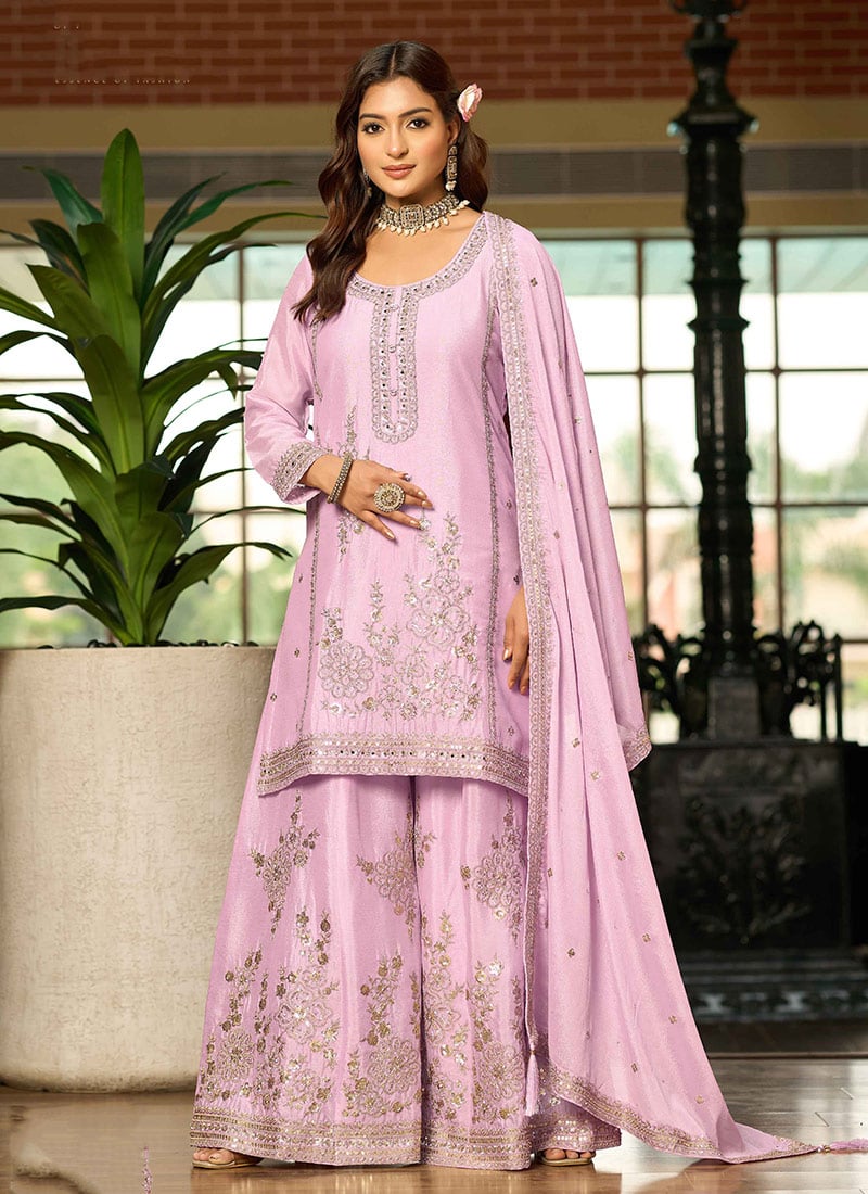 Lavender Chinon Silk Stones Mirror Work And Sequins Embroidered Palazzo Suit