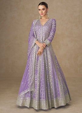 Lavender Chinon Silk Zari And Embroidered Sequins A Line Anarkali Suit