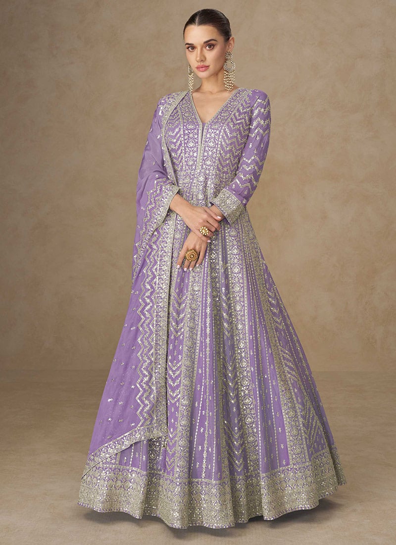 Lavender Chinon Silk Zari And Embroidered Sequins A Line Anarkali Suit Festive Wear