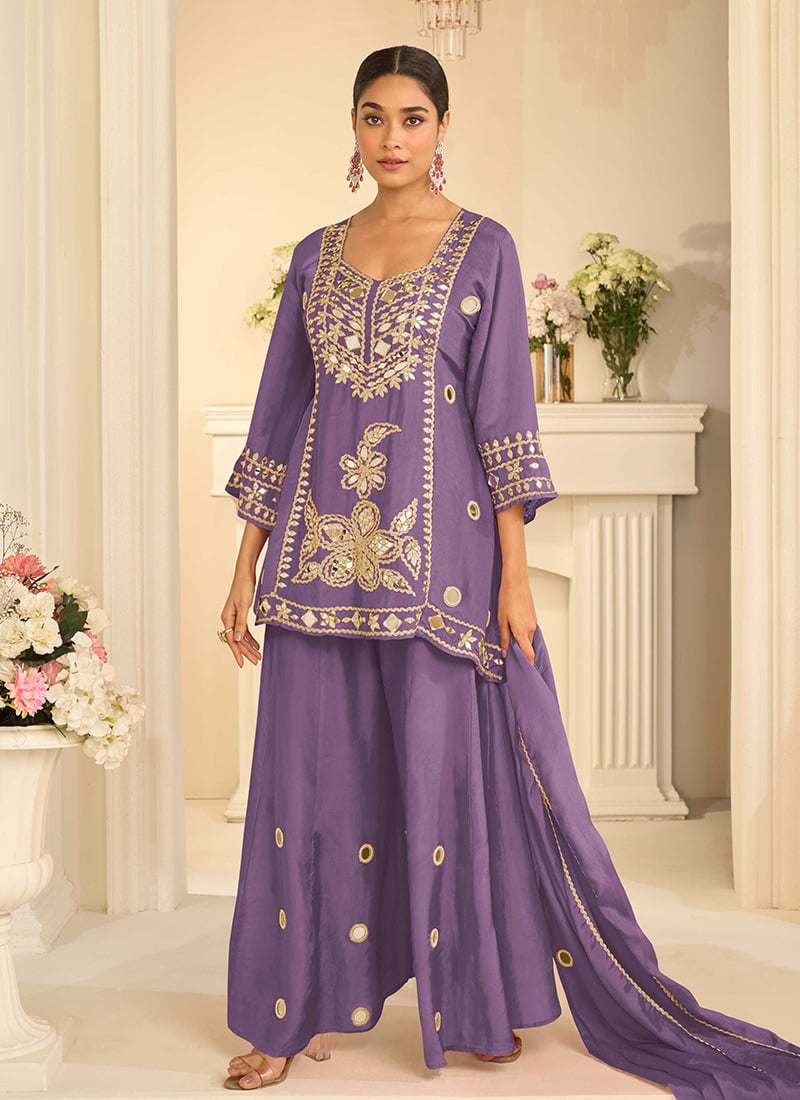 Lavender Chinon Silk Zari Embroidered Mirror Work Palazzo Suit Festive Wear