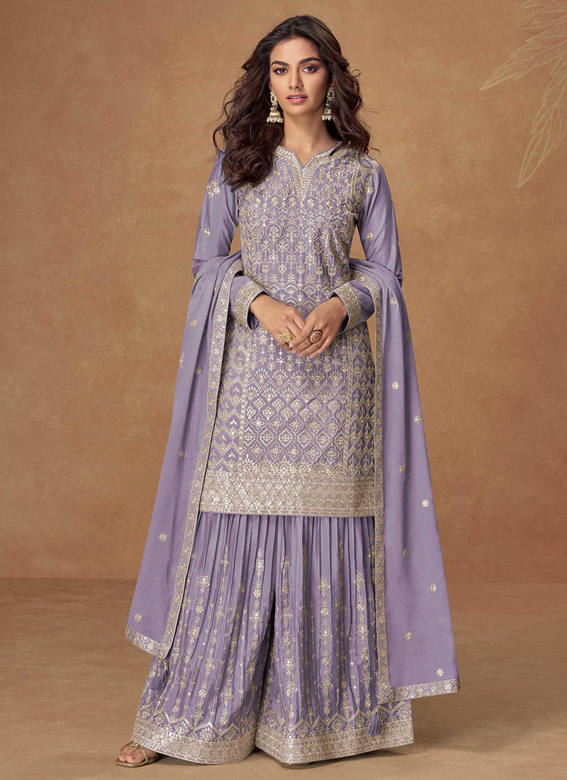Lavender Chinon Silk Zari Embroidered Palazzo Suit Festive Wear